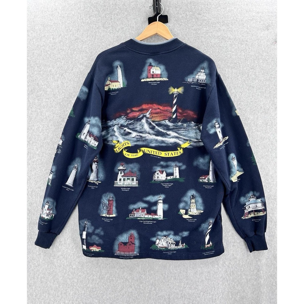VTG Art Unlimited American Lighthouses Cardigan Sweatshirt All Over Print USA